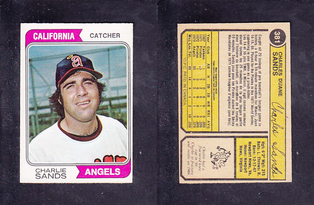 1974 O-PEE-CHEE BASEBALL CARD #381 C. SANDS photo