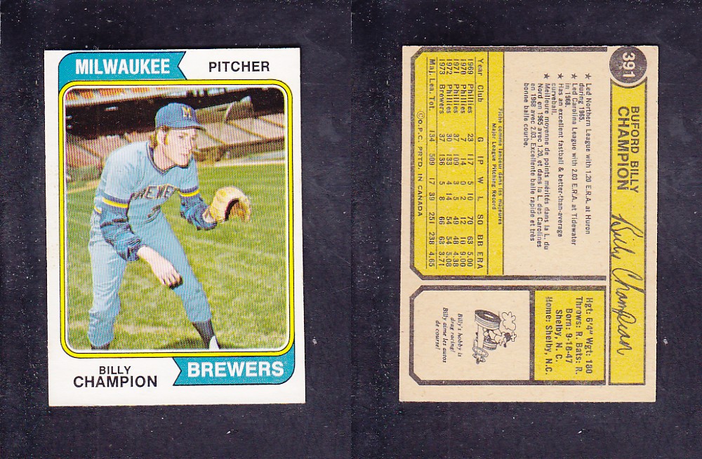 1974 O-PEE-CHEE BASEBALL CARD #391 B. CHAMPION photo 1974 O-PEE-CHEE BASEBALL CARD #391 B. CHAMPION photo