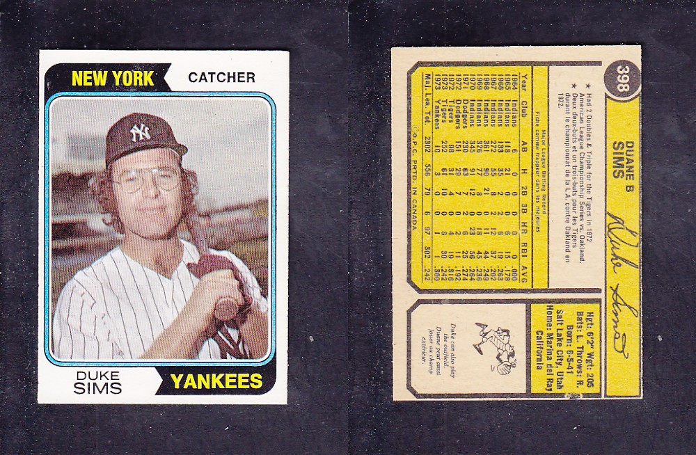 1974 O-PEE-CHEE BASEBALL CARD #398 D. SIMS photo 1974 O-PEE-CHEE BASEBALL CARD #398 D. SIMS photo