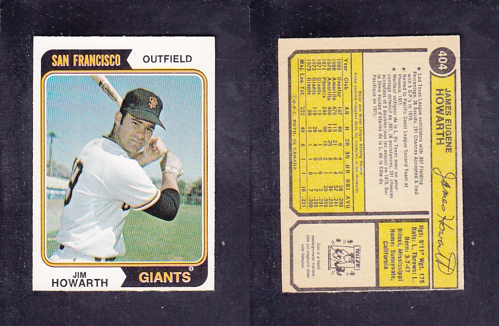 1974 O-PEE-CHEE BASEBALL CARD #404 J. HOWARTH photo