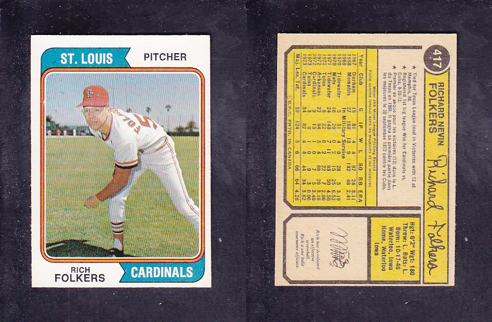 1974 O-PEE-CHEE BASEBALL CARD #417 R. FOLKERS photo
