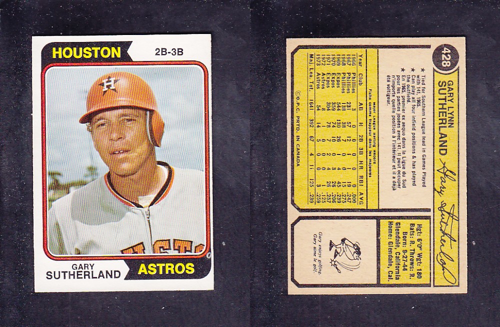 1974 O-PEE-CHEE BASEBALL CARD #428 G. SUTHERLAND photo