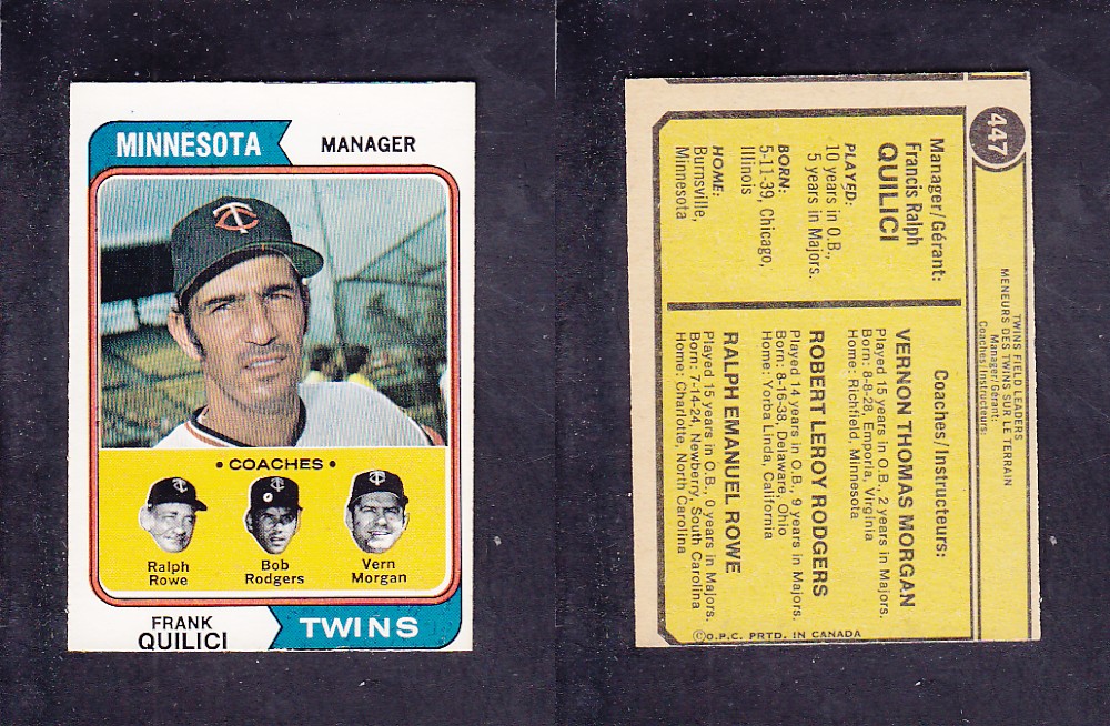 1974 O-PEE-CHEE BASEBALL CARD #447 F. QUILICI photo