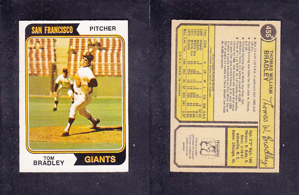 1974 O-PEE-CHEE BASEBALL CARD #455 T. BRADLEY photo 1974 O-PEE-CHEE BASEBALL CARD #455 T. BRADLEY photo
