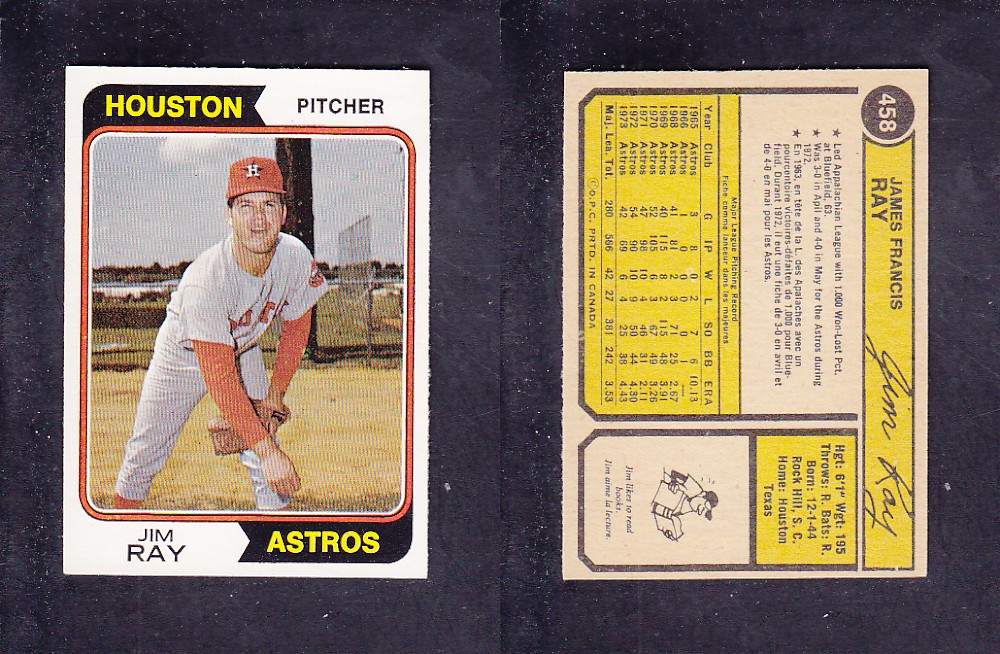 1974 O-PEE-CHEE BASEBALL CARD #458 J. RAY photo 1974 O-PEE-CHEE BASEBALL CARD #458 J. RAY photo