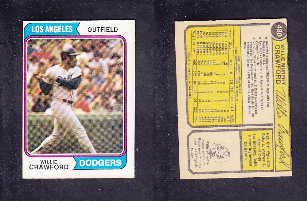 1974 O-PEE-CHEE BASEBALL CARD #480 W. CRAWFORD photo 1974 O-PEE-CHEE BASEBALL CARD #480 W. CRAWFORD photo