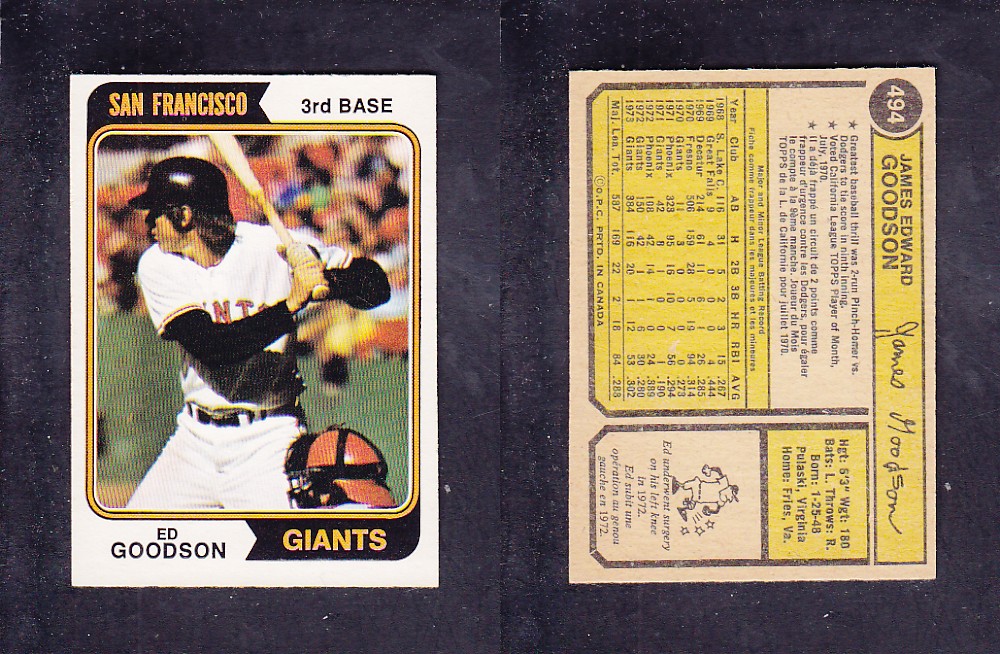 1974 O-PEE-CHEE BASEBALL CARD #494 E. GOODSON photo