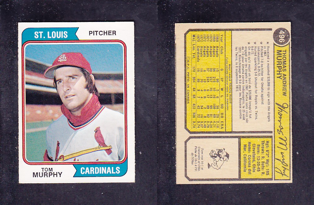 1974 O-PEE-CHEE BASEBALL CARD #496 T. MURPHY photo 1974 O-PEE-CHEE BASEBALL CARD #496 T. MURPHY photo