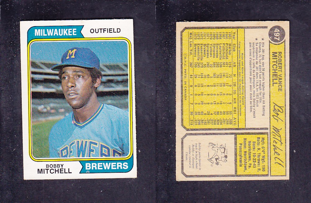 1974 O-PEE-CHEE BASEBALL CARD #497 B. MITCHELL photo 1974 O-PEE-CHEE BASEBALL CARD #497 B. MITCHELL photo