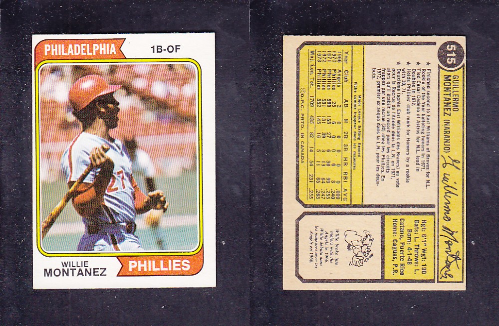 1974 O-PEE-CHEE BASEBALL CARD #515 W. MONTANEZ photo 1974 O-PEE-CHEE BASEBALL CARD #515 W. MONTANEZ photo