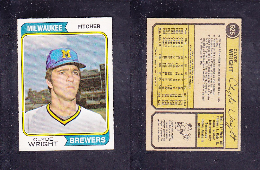 1974 O-PEE-CHEE BASEBALL CARD #525 C. WRIGHT photo