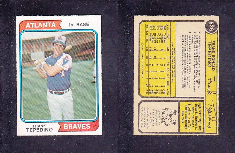 1974 O-PEE-CHEE BASEBALL CARD #526 F. TEPEDINO photo 1974 O-PEE-CHEE BASEBALL CARD #526 F. TEPEDINO photo