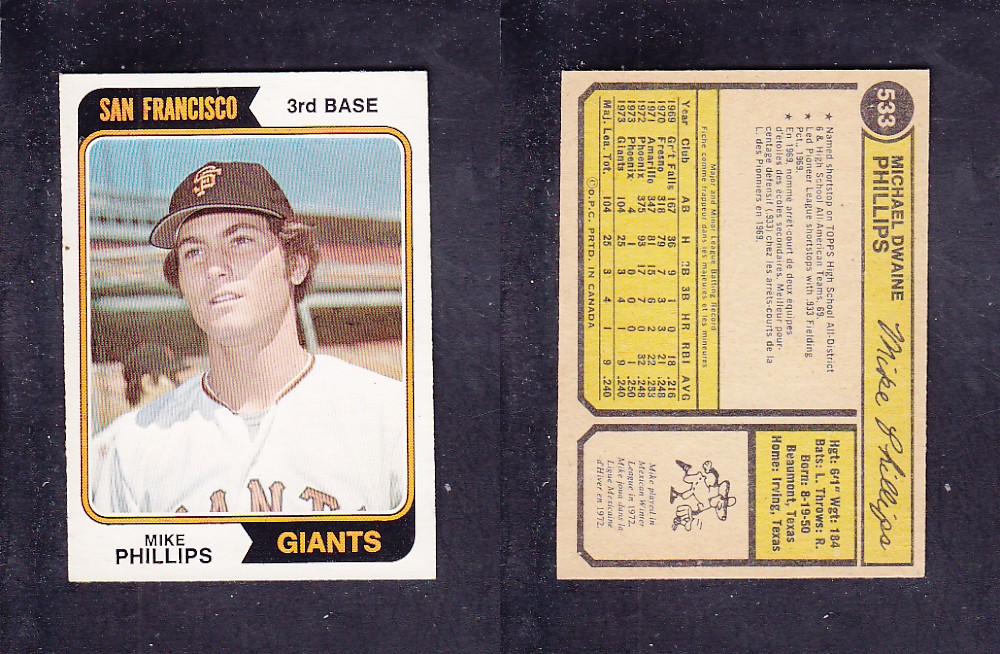 1974 O-PEE-CHEE BASEBALL CARD #533 M. PHILLIPS photo