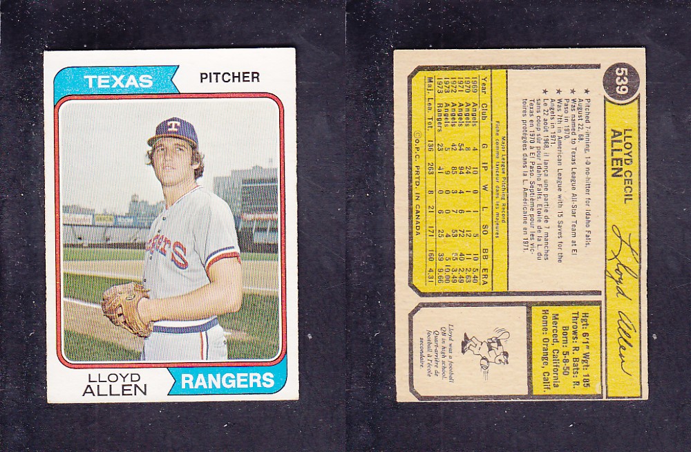 1974 O-PEE-CHEE BASEBALL CARD #539 L. ALLEN photo