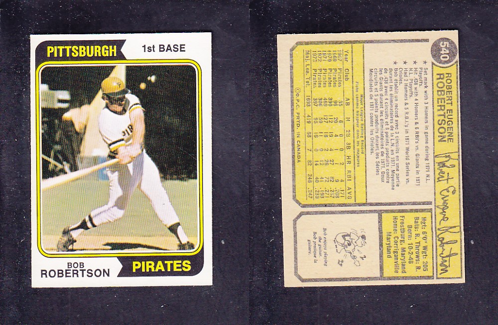 1974 O-PEE-CHEE BASEBALL CARD #540 B. ROBERTSON photo
