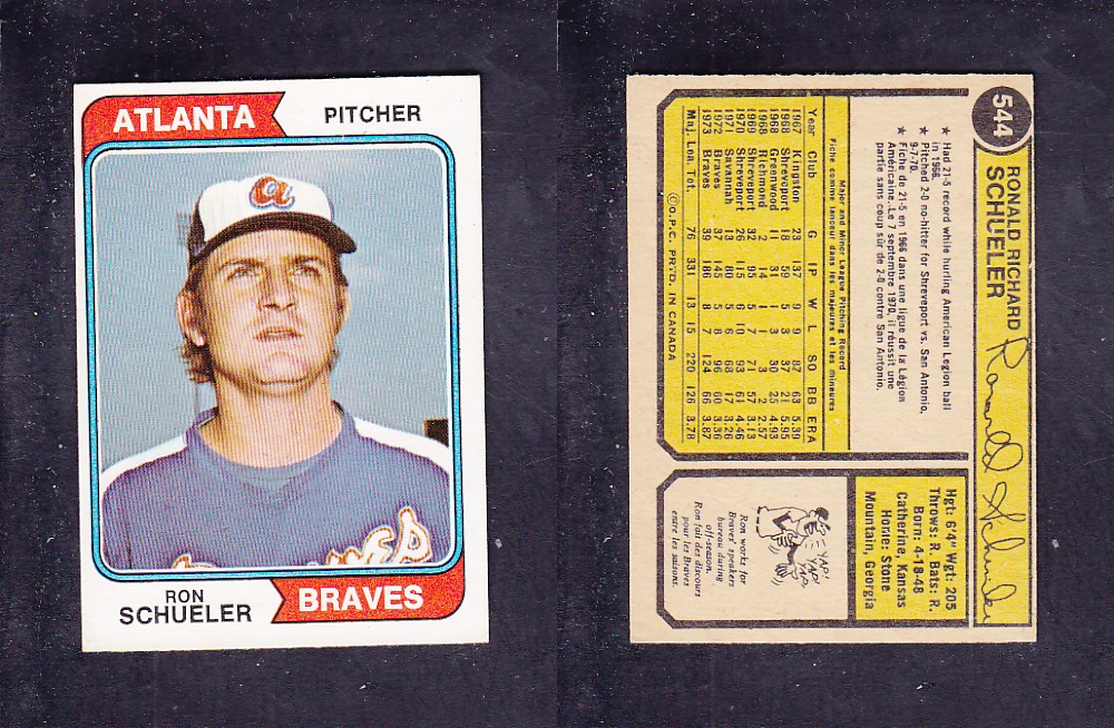1974 O-PEE-CHEE BASEBALL CARD #544 R. SCHUELER photo 1974 O-PEE-CHEE BASEBALL CARD #544 R. SCHUELER photo