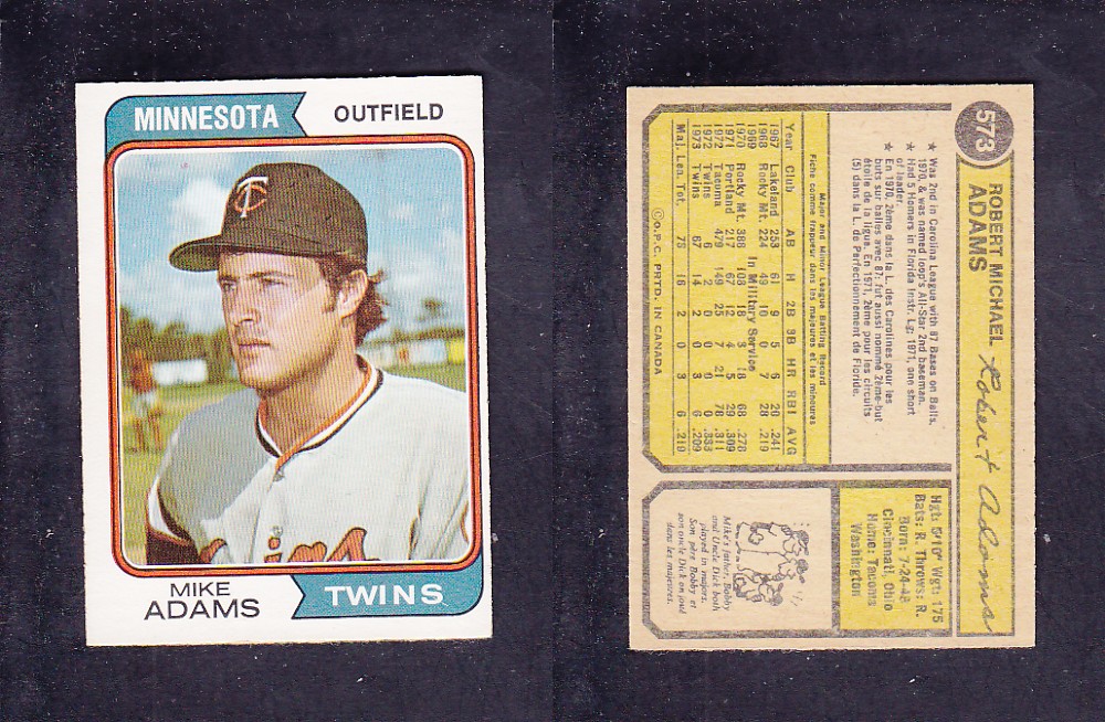 1974 O-PEE-CHEE BASEBALL CARD #573 M. ADAMS photo 1974 O-PEE-CHEE BASEBALL CARD #573 M. ADAMS photo