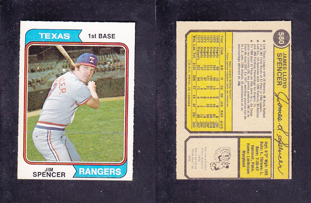 1974 O-PEE-CHEE BASEBALL CARD #580 J. SPENCER photo 1974 O-PEE-CHEE BASEBALL CARD #580 J. SPENCER photo