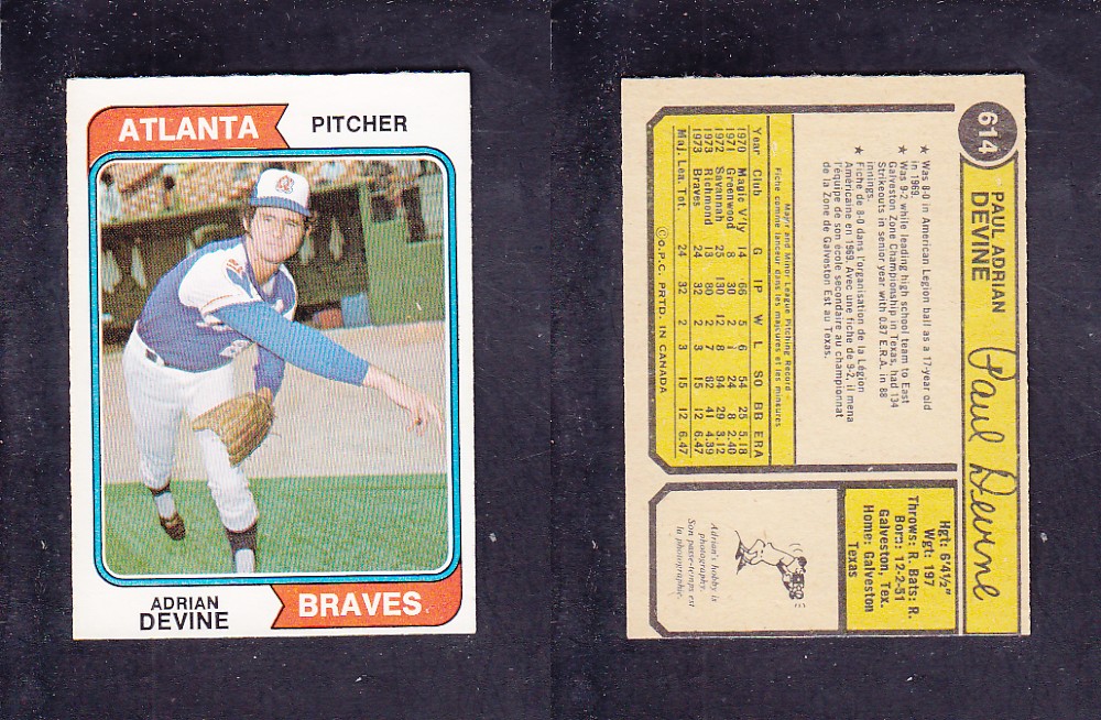 1974 O-PEE-CHEE BASEBALL CARD #614 A. DEVINE photo 1974 O-PEE-CHEE BASEBALL CARD #614 A. DEVINE photo