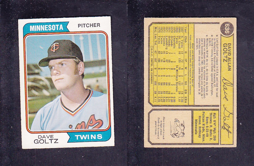 1974 O-PEE-CHEE BASEBALL CARD #636 D. GOLTZ photo