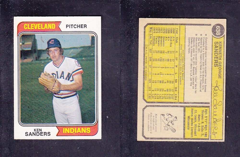 1974 O-PEE-CHEE BASEBALL CARD #638 K. SANDERS photo 1974 O-PEE-CHEE BASEBALL CARD #638 K. SANDERS photo