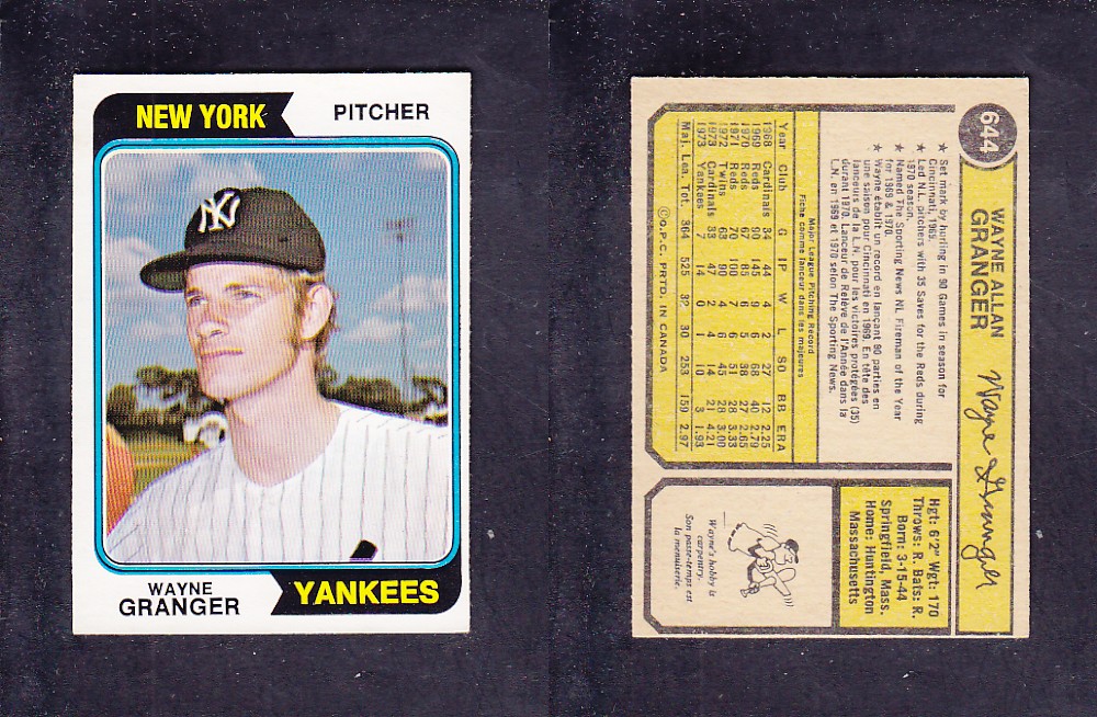 1974 O-PEE-CHEE BASEBALL CARD #644 W. GRANGER photo