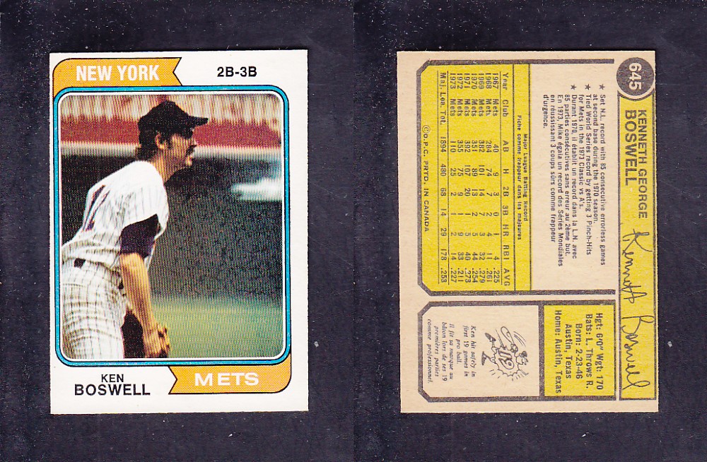 1974 O-PEE-CHEE BASEBALL CARD #645 K. BOSWELL photo 1974 O-PEE-CHEE BASEBALL CARD #645 K. BOSWELL photo