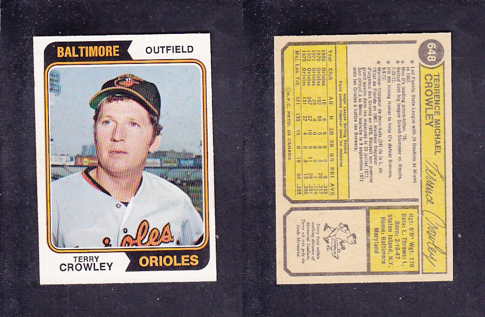 1974 O-PEE-CHEE BASEBALL CARD #648 T. CROWLEY photo 1974 O-PEE-CHEE BASEBALL CARD #648 T. CROWLEY photo