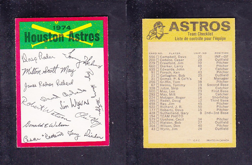 1974 O-PEE-CHEE BASEBALL CARD TEAM CHECKLIST HOUSTON ASTROS photo