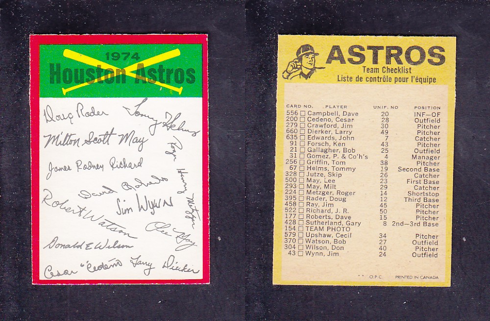 1974 O-PEE-CHEE BASEBALL CARD TEAM CHECKLIST HOUSTON ASTROS photo 1974 O-PEE-CHEE BASEBALL CARD TEAM CHECKLIST HOUSTON ASTROS photo