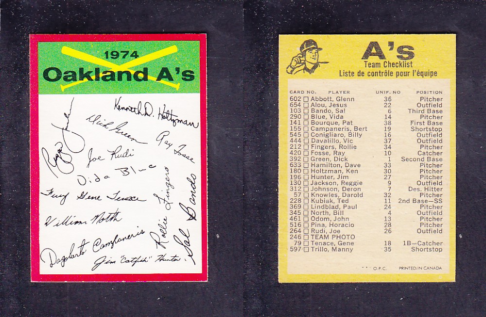 1974 O-PEE-CHEE BASEBALL CARD TEAM CHECKLIST OAKLAND A'S photo