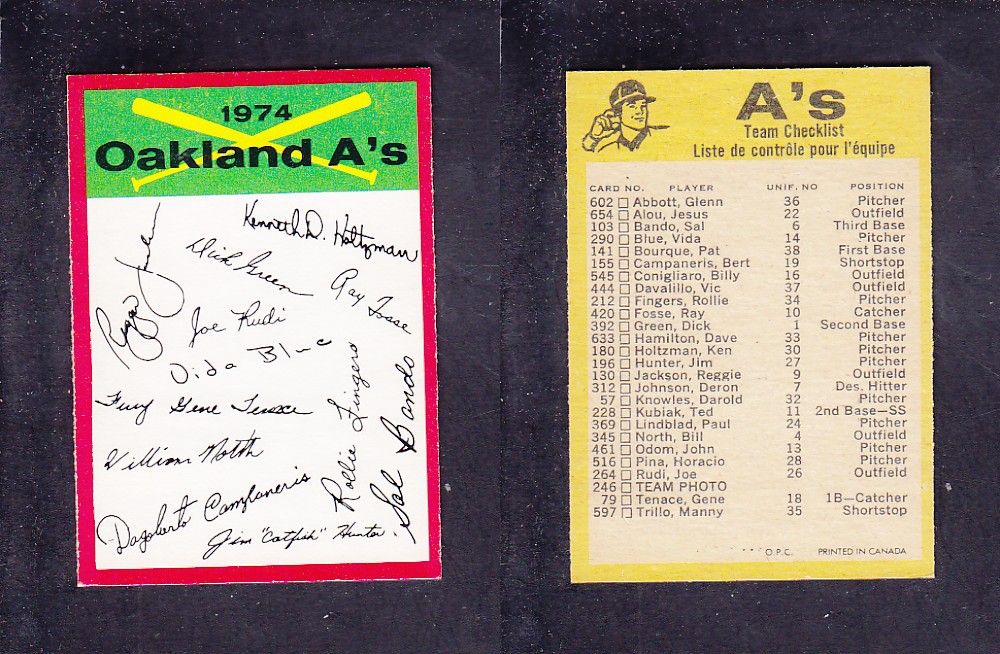 1974 O-PEE-CHEE BASEBALL CARD TEAM CHECKLIST OAKLAND A'S photo 1974 O-PEE-CHEE BASEBALL CARD TEAM CHECKLIST OAKLAND A'S photo
