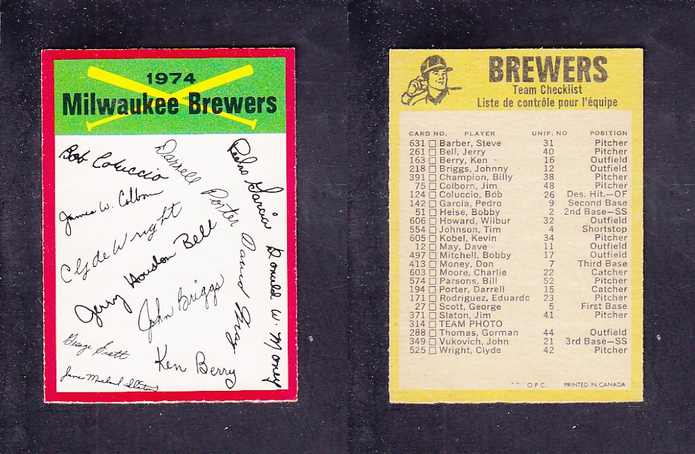 1974 O-PEE-CHEE BASEBALL CARD TEAM CHECKLIST MILWAUKEE BREWERS photo 1974 O-PEE-CHEE BASEBALL CARD TEAM CHECKLIST MILWAUKEE BREWERS photo