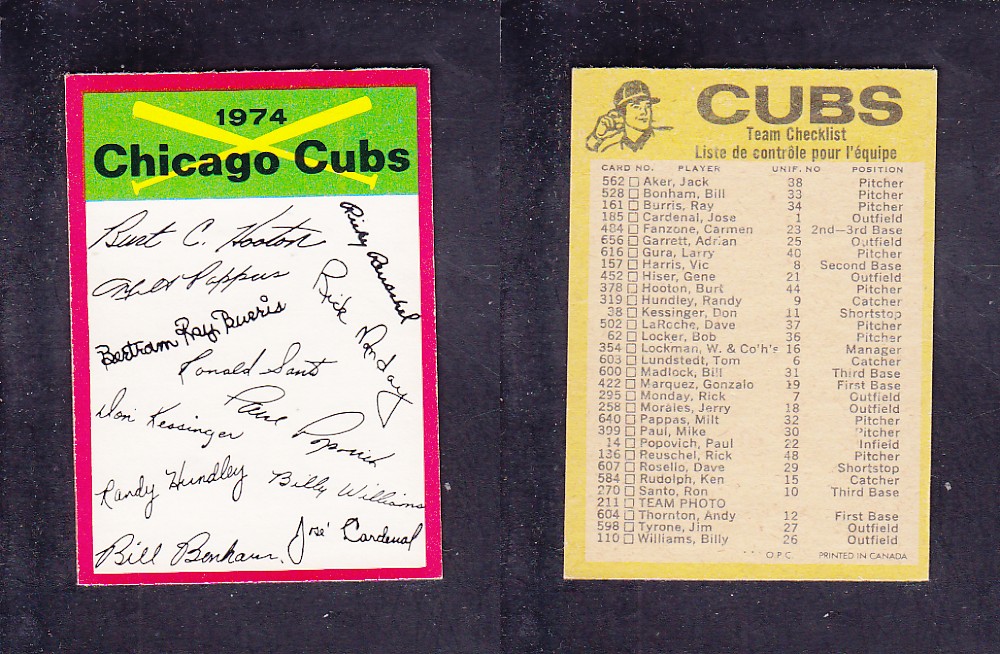 1974 O-PEE-CHEE BASEBALL CARD TEAM CHECKLIST CHICAGO CUBS photo 1974 O-PEE-CHEE BASEBALL CARD TEAM CHECKLIST CHICAGO CUBS photo