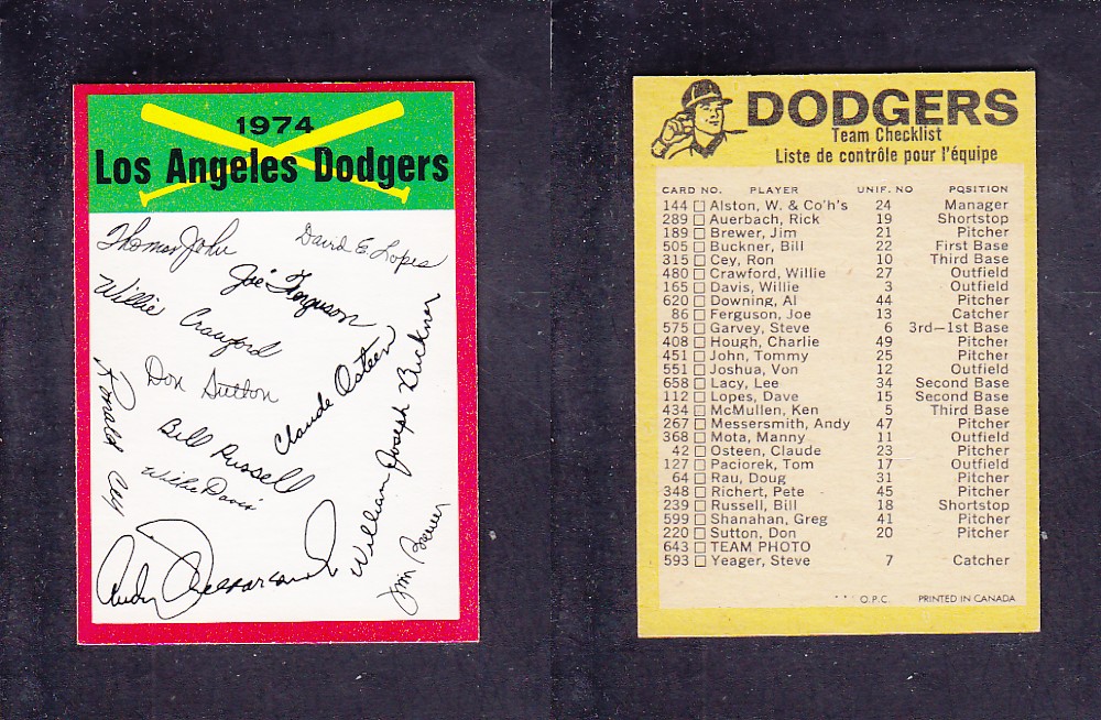 1974 O-PEE-CHEE BASEBALL CARD TEAM CHECKLIST LOS ANGELES DODGERS photo 1974 O-PEE-CHEE BASEBALL CARD TEAM CHECKLIST LOS ANGELES DODGERS photo