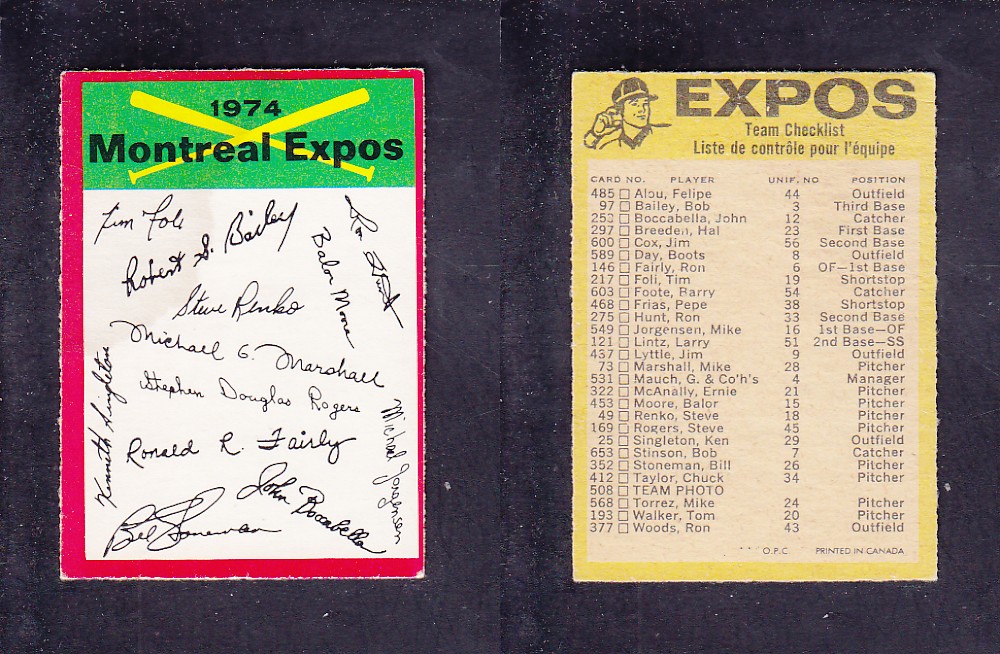 1974 O-PEE-CHEE BASEBALL CARD TEAM CHECKLIST MONTREAL EXPOS photo 1974 O-PEE-CHEE BASEBALL CARD TEAM CHECKLIST MONTREAL EXPOS photo