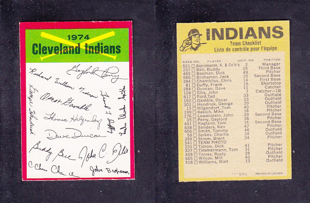 1974 O-PEE-CHEE BASEBALL CARD TEAM CHECKLIST CLEVELAND INDIANS photo 1974 O-PEE-CHEE BASEBALL CARD TEAM CHECKLIST CLEVELAND INDIANS photo