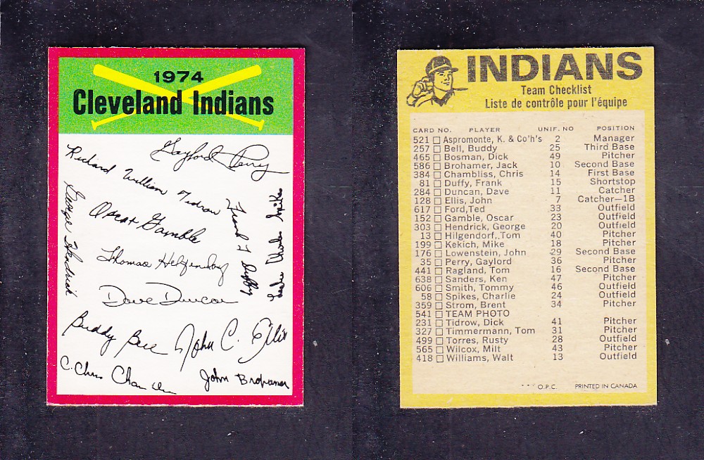 1974 O-PEE-CHEE BASEBALL CARD TEAM CHECKLIST CLEVELAND INDIANS photo