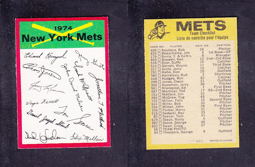 1974 O-PEE-CHEE BASEBALL CARD TEAM CHECKLIST NEW YORK METS photo 1974 O-PEE-CHEE BASEBALL CARD TEAM CHECKLIST NEW YORK METS photo