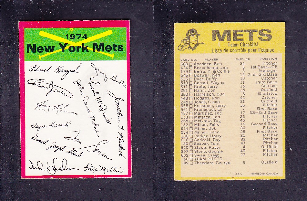 1974 O-PEE-CHEE BASEBALL CARD TEAM CHECKLIST NEW YORK METS photo 1974 O-PEE-CHEE BASEBALL CARD TEAM CHECKLIST NEW YORK METS photo