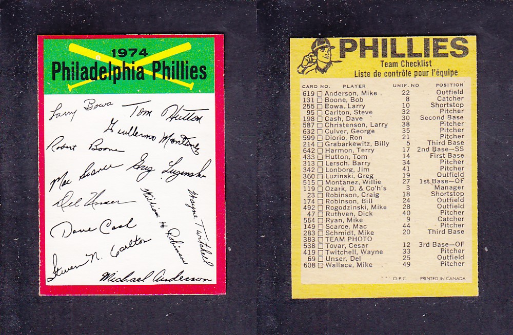 1974 O-PEE-CHEE BASEBALL CARD TEAM CHECKLIST PHILADELPHIA PHILLIES photo 1974 O-PEE-CHEE BASEBALL CARD TEAM CHECKLIST PHILADELPHIA PHILLIES photo