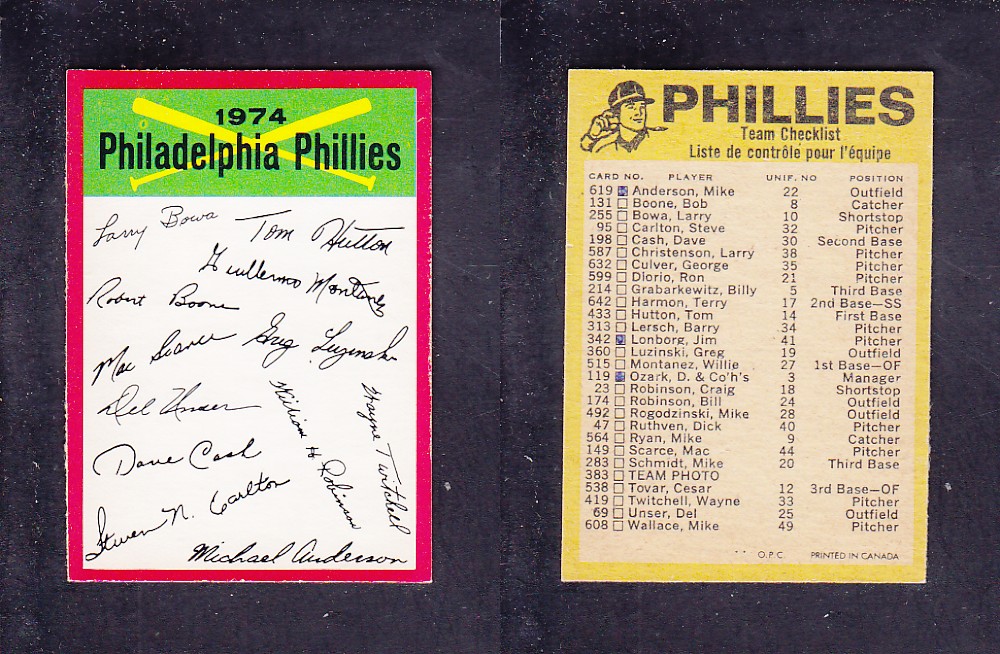 1974 O-PEE-CHEE BASEBALL CARD TEAM CHECKLIST PHILADELPHIA PHILLIES photo 1974 O-PEE-CHEE BASEBALL CARD TEAM CHECKLIST PHILADELPHIA PHILLIES photo