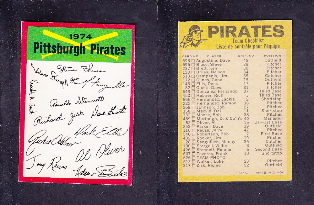 1974 O-PEE-CHEE BASEBALL CARD TEAM CHECKLIST PITTSBURGH PIRATES photo 1974 O-PEE-CHEE BASEBALL CARD TEAM CHECKLIST PITTSBURGH PIRATES photo