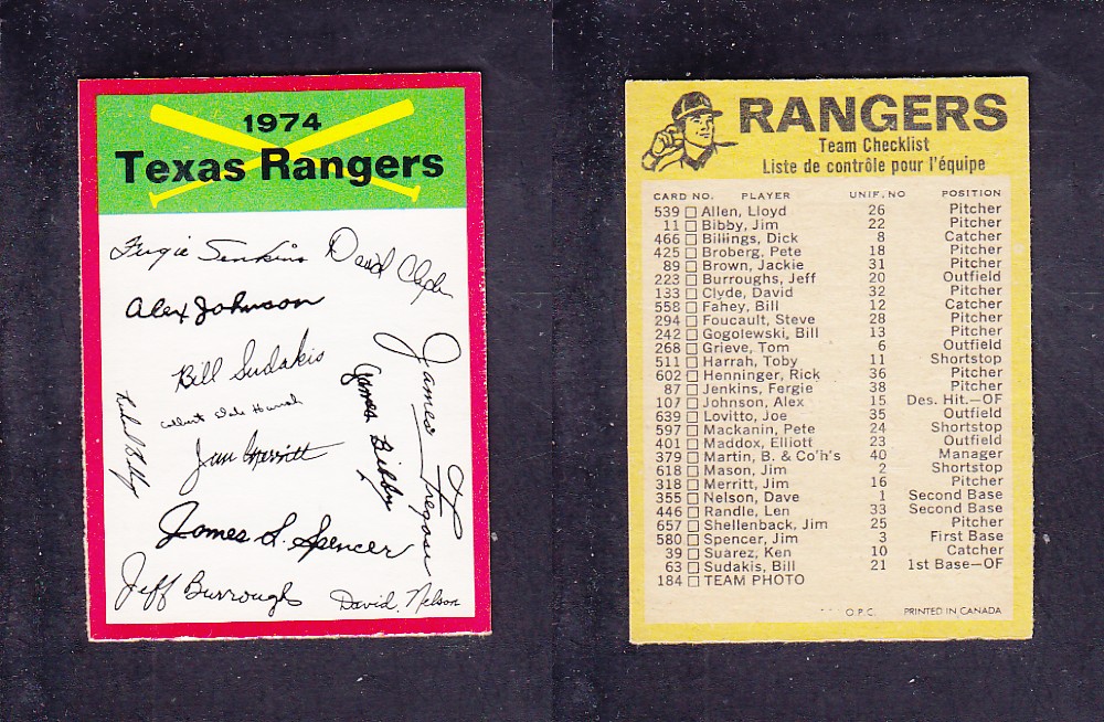 1974 O-PEE-CHEE BASEBALL CARD TEAM CHECKLIST TEXAS RANGERS photo 1974 O-PEE-CHEE BASEBALL CARD TEAM CHECKLIST TEXAS RANGERS photo