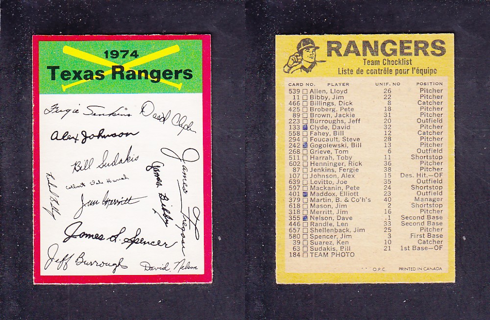 1974 O-PEE-CHEE BASEBALL CARD TEAM CHECKLIST TEXAS RANGERS photo 1974 O-PEE-CHEE BASEBALL CARD TEAM CHECKLIST TEXAS RANGERS photo