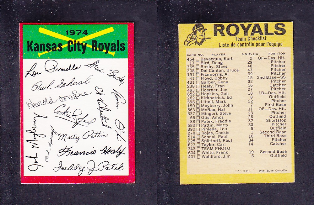 1974 O-PEE-CHEE BASEBALL CARD TEAM CHECKLIST KANSAS CITY ROYALS photo 1974 O-PEE-CHEE BASEBALL CARD TEAM CHECKLIST KANSAS CITY ROYALS photo