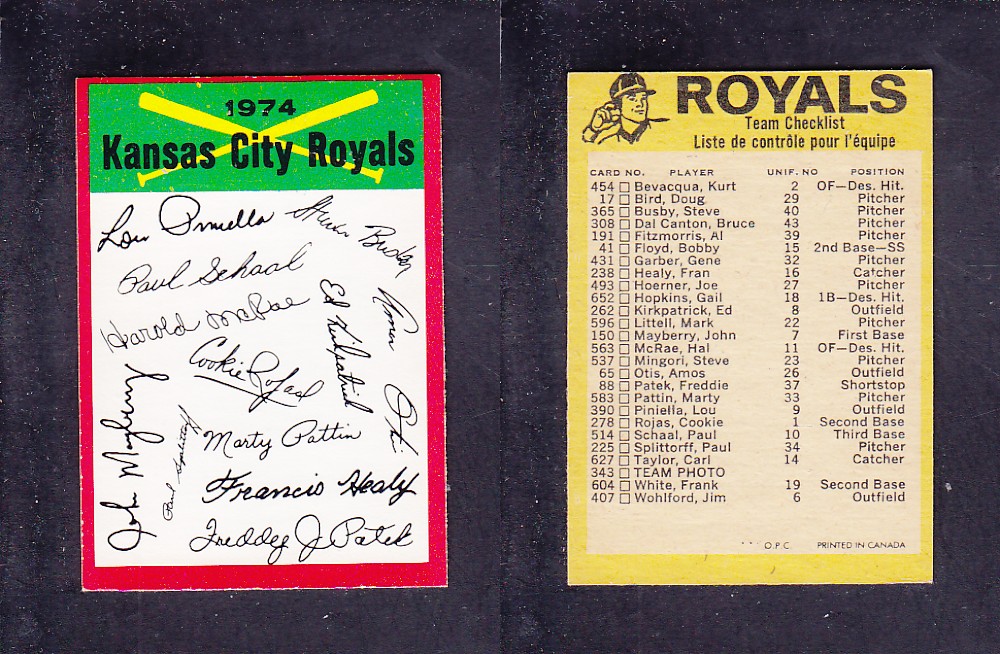 1974 O-PEE-CHEE BASEBALL CARD TEAM CHECKLIST KANSAS CITY ROYALS photo 1974 O-PEE-CHEE BASEBALL CARD TEAM CHECKLIST KANSAS CITY ROYALS photo
