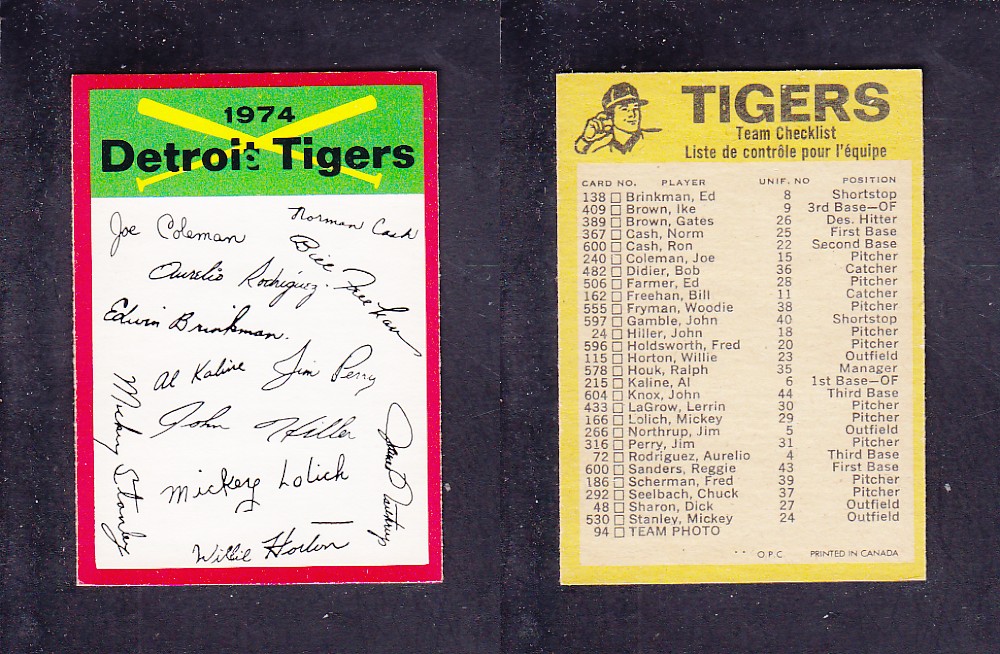1974 O-PEE-CHEE BASEBALL CARD TEAM CHECKLIST DETROIT TIGERS photo 1974 O-PEE-CHEE BASEBALL CARD TEAM CHECKLIST DETROIT TIGERS photo