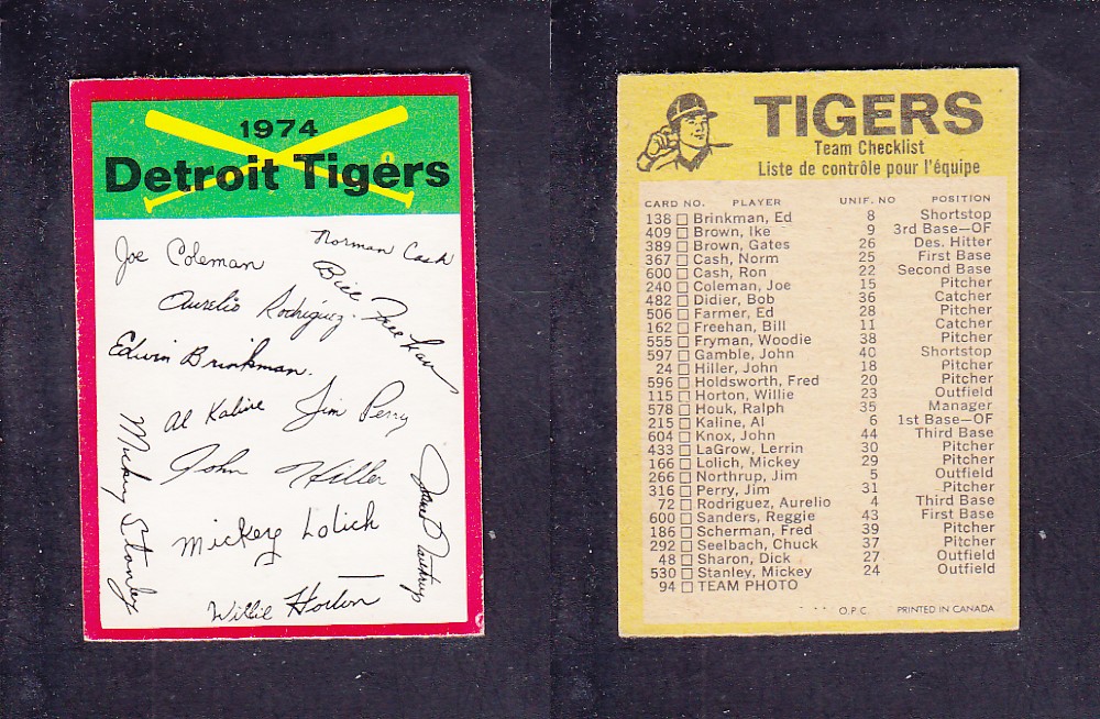 1974 O-PEE-CHEE BASEBALL CARD TEAM CHECKLIST DETROIT TIGERS photo 1974 O-PEE-CHEE BASEBALL CARD TEAM CHECKLIST DETROIT TIGERS photo