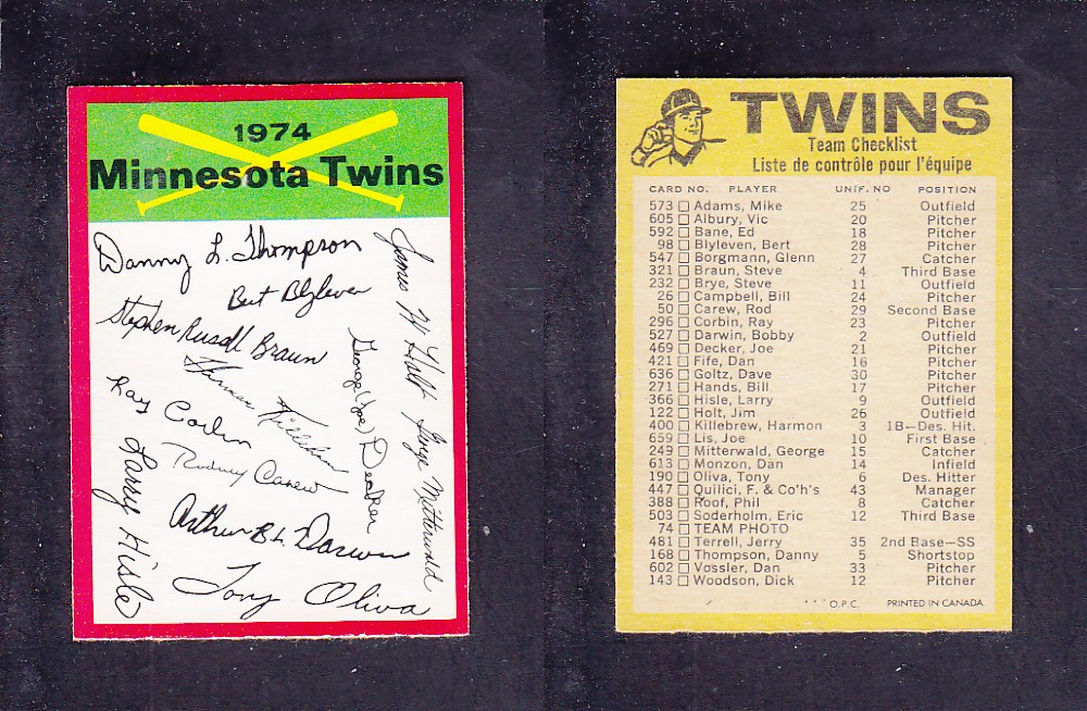 1974 O-PEE-CHEE BASEBALL CARD TEAM CHECKLIST MINNESOTA TWINS photo 1974 O-PEE-CHEE BASEBALL CARD TEAM CHECKLIST MINNESOTA TWINS photo
